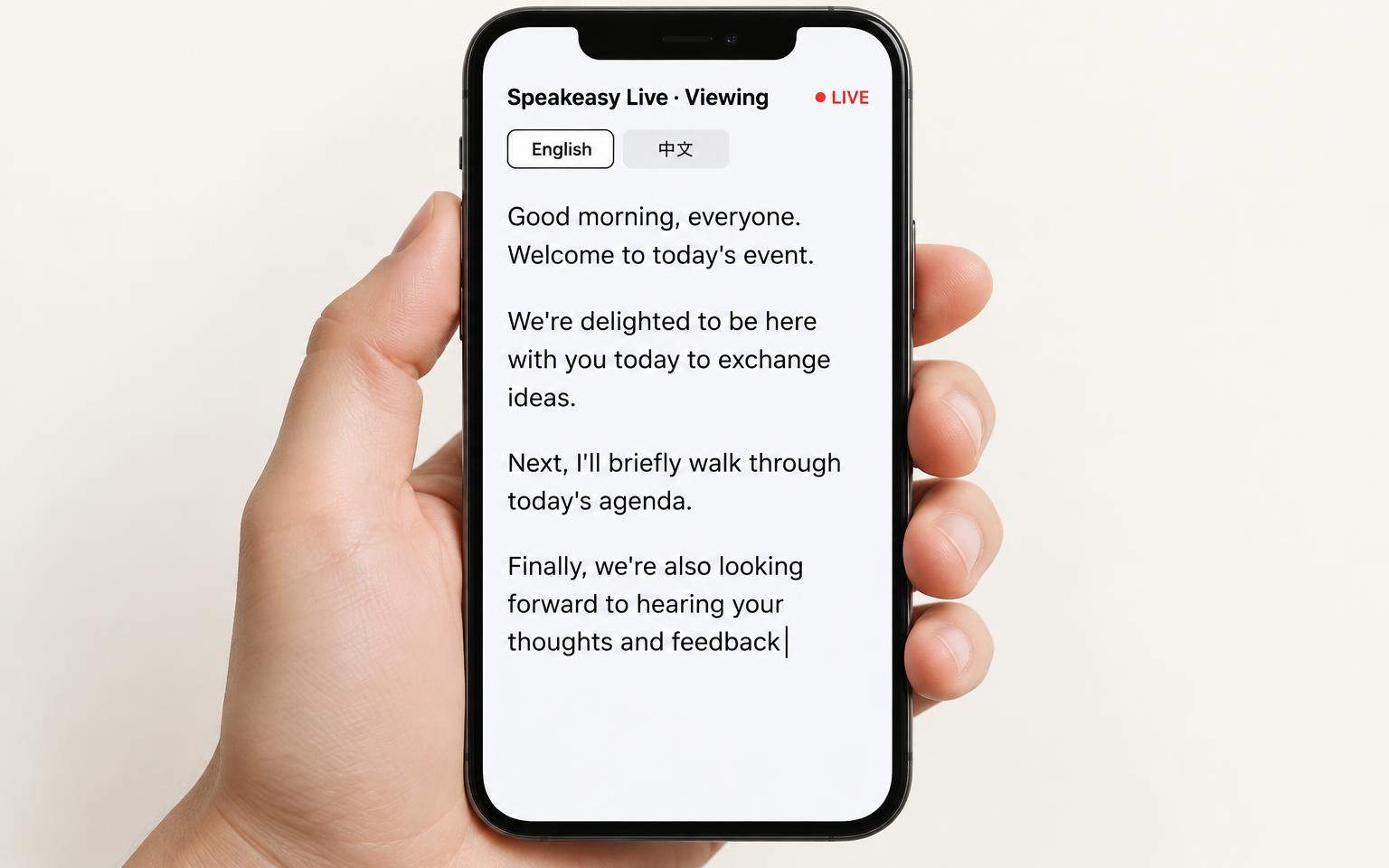 Attendees read on their phone: A clean read-only transcript with a language tab — one language at a time, no timestamps.