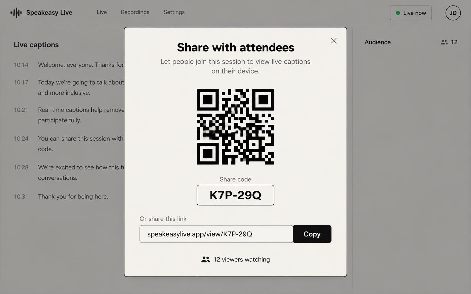 Share by QR code: Attendees scan once and follow along. The code is ready instantly.